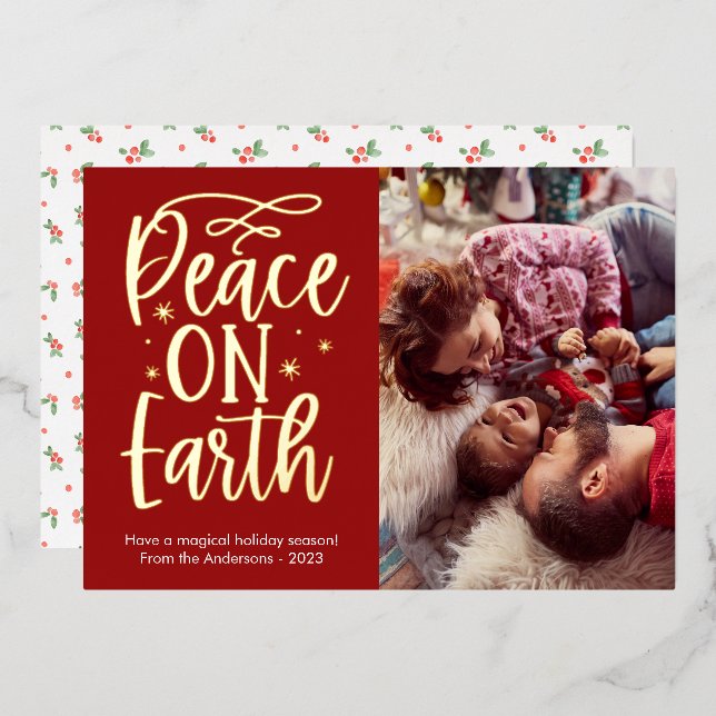 Modern Peace on Earth Photo Foil Holiday Card (Front/Back)