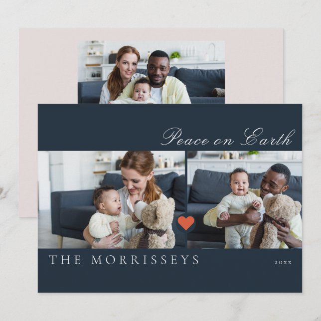 Modern Peace On Earth Script 3 Photo Holiday Card (Front/Back)