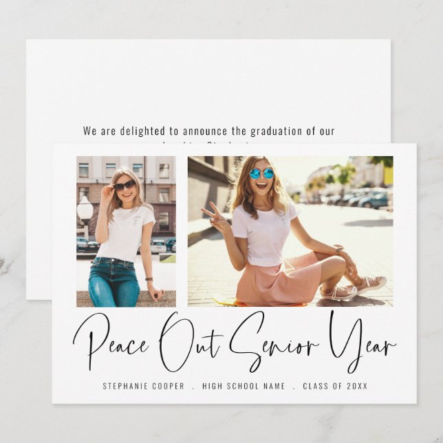Modern Peace Out 2 Photos Script Graduation Announcement (Front/Back)