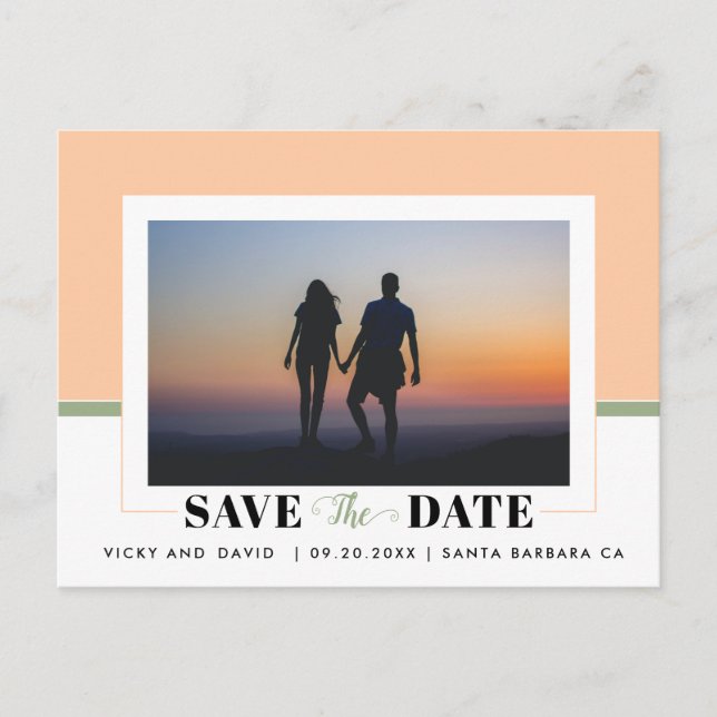 Modern peach and sage green Save the Date photo Postcard (Front)
