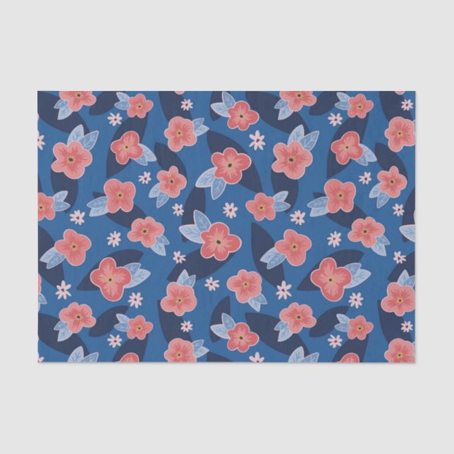 Modern Peach & Blue Floral pattern Tissue Paper (Front)