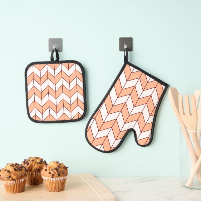 Modern Peach Burgundy Herringbone Oven Mitt & Pot Holder Set (Insitu(Hanging))