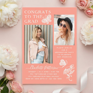 Modern Peach Butterfly Photo Graduation Party Acrylic Invitations