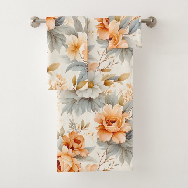 Modern Peach Floral Botanical Watercolor Bath Towel Set (Insitu)