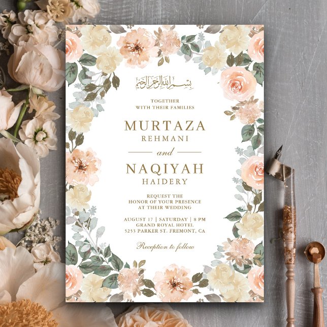 Modern Peach Floral Islamic Muslim Wedding Invitation (Creator Uploaded)
