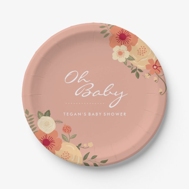 Modern Peach Floral Oh Baby Shower Paper Plates (Front)