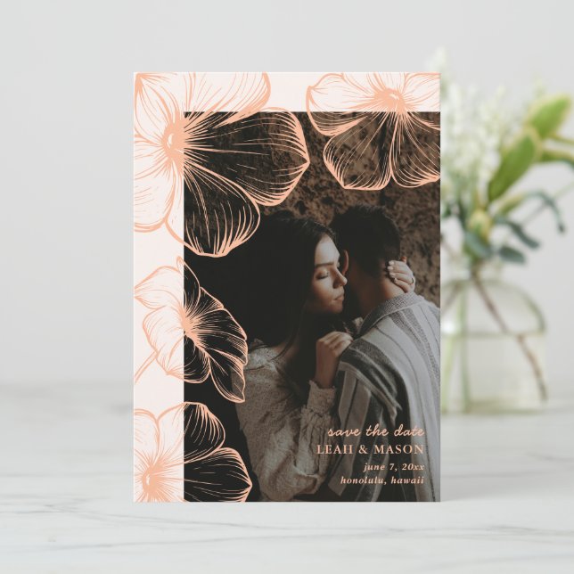 Modern Peach Floral Photo Elegant Wedding Save The Date (Standing Front)