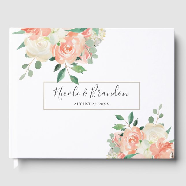 Modern Peach Floral Watercolor Wedding Guest Book (Front)