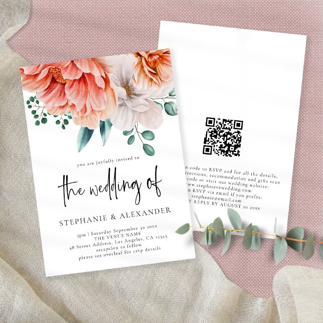 Modern Peach Florals Script QR Code Wedding Invitation (Creator Uploaded)