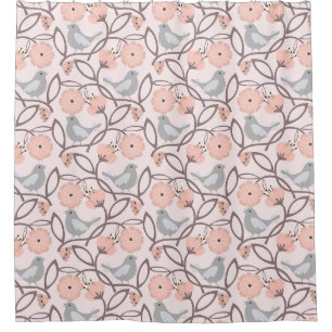 Modern Peach Flowers and Grey Birds