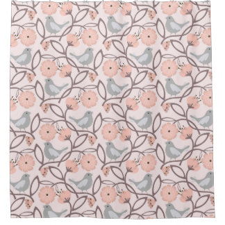 Modern Peach Flowers and Grey Birds