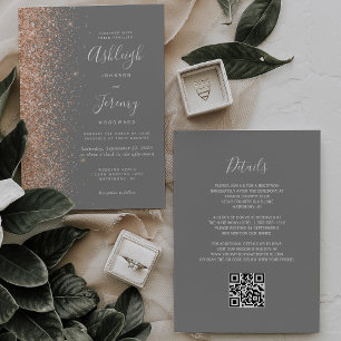 Modern Peach Glitter Grey QR Code Wedding Invitation