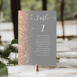 Modern Peach Glitter Grey Wedding Table Number<br><div class="desc">The left-hand edge of this elegant modern wedding table number card features a peach faux glitter border. The word "table" appears in white whimsical handwriting script on a grey background. Add the names of your guests who are assigned to each table.</div>