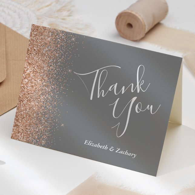 Modern Peach Glitter Grey Wedding Thank You Card (Creator Uploaded)