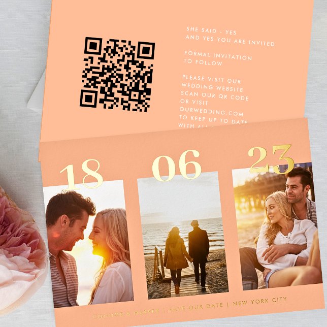 Modern Peach GOLD DATE Three Photo Save The Date (Creator Uploaded)