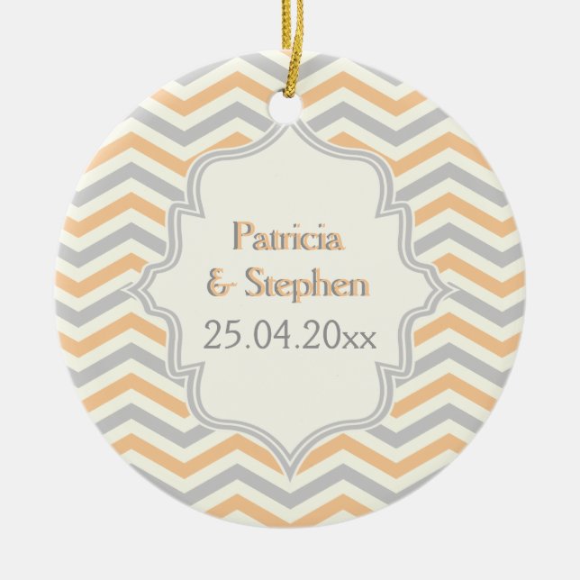 Modern peach, grey, ivory chevron pattern custom ceramic ornament (Front)