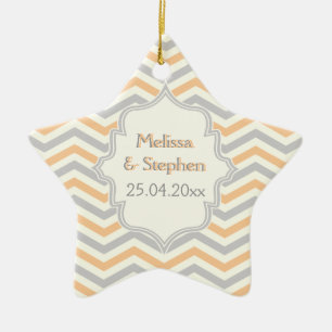 Modern peach, grey, ivory chevron pattern custom ceramic ornament