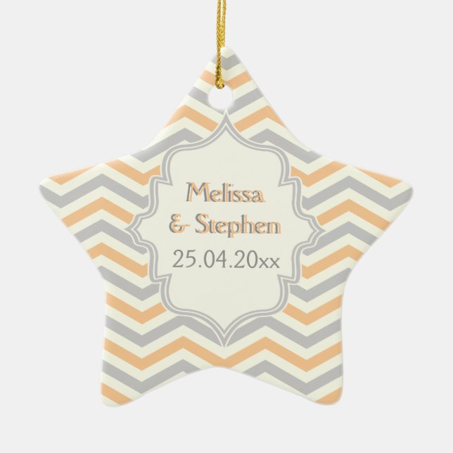 Modern peach, grey, ivory chevron pattern custom ceramic ornament (Front)