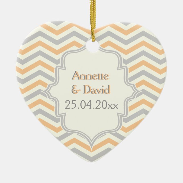 Modern peach, grey, ivory chevron pattern custom ceramic ornament (Front)