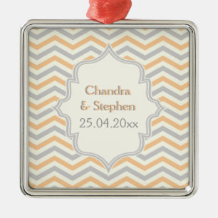 Modern peach, grey, ivory chevron pattern custom metal ornament