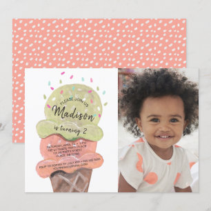 Modern Peach Ice Cream   Birthday Party   Photo Invitation