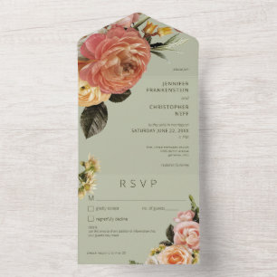 Modern Peach Mimosa Floral Green Details All In One Invitation