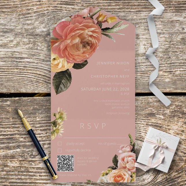 Modern Peach Mimosa Floral Pink QR Code All In One Invitation (Creator Uploaded)