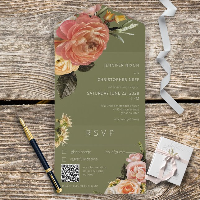Modern Peach Mimosa Floral Sage Green QR Code All In One Invitation (Creator Uploaded)