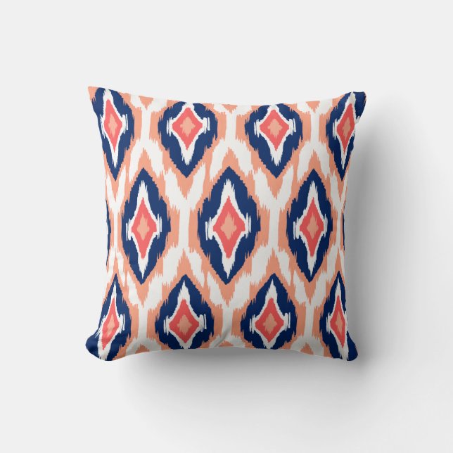 Modern peach navy coral Ikat Tribal Pattern 1a Throw Pillow (Front)