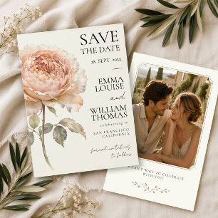 Modern Peach Peony Minimalist Wedding Photo Save The Date