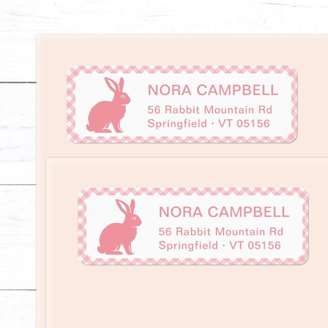 Modern Peach Pink Bunny Gingham Return Address (Modern, cute peach pink bunny return address label with stylish gingham plaid background.)