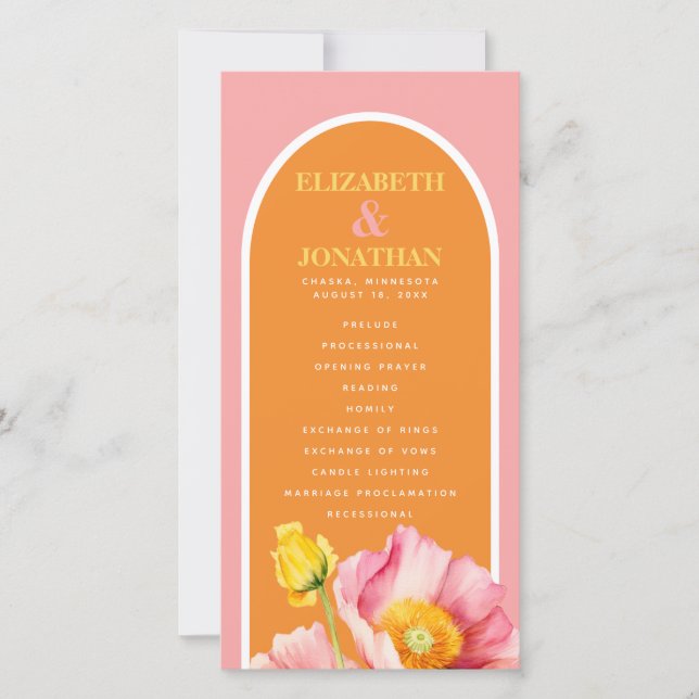 Modern Peach Pink Orange Poppies Wedding Program (Front)