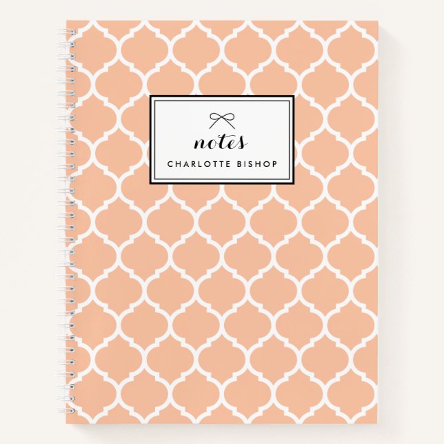 Modern Peach Quatrefoil Pattern Personalized Notebook (Front)