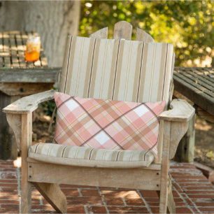 Modern Peach Red Orange White Brown Plaid Pattern Lumbar Pillow