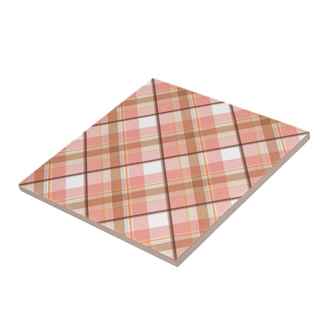Modern Peach Red Orange White Brown Plaid Pattern Tile (Side)