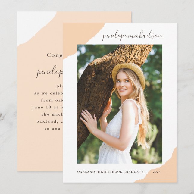 Modern Peach Splashes Photo Graduation Party Invitation (Front/Back)