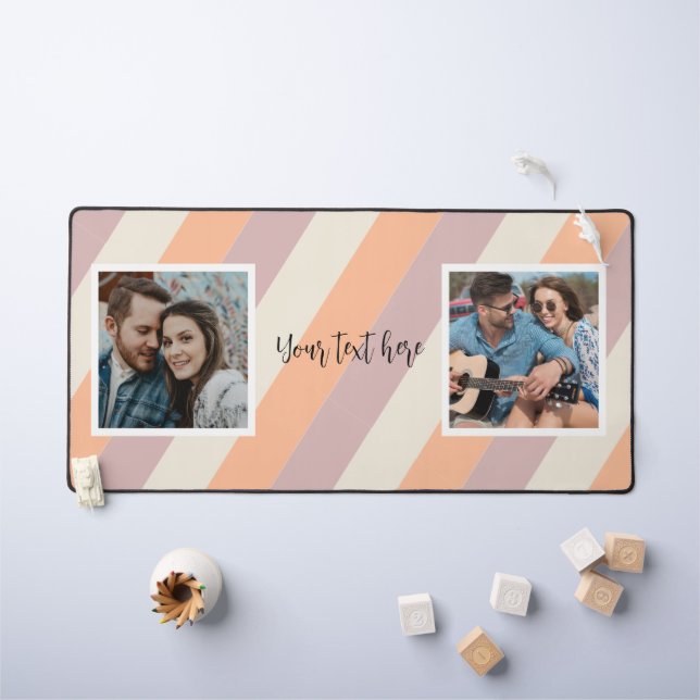 Modern Peach Stripes Two Photo Desk Mat (Kids Table)