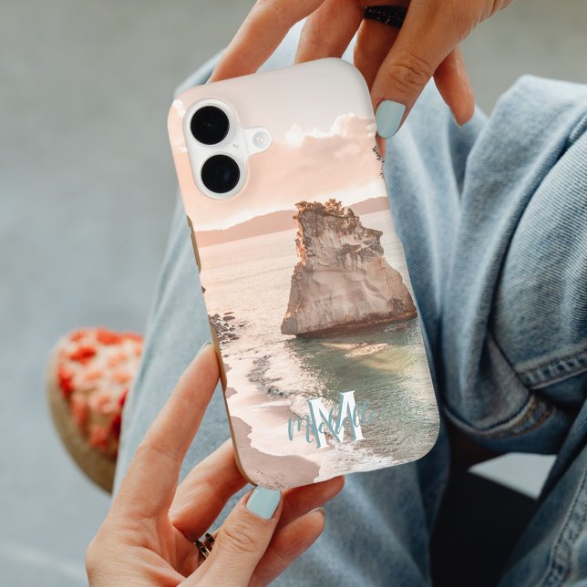 Modern Peach Sunset Beach Photo Monogram M Name (Creator Uploaded)