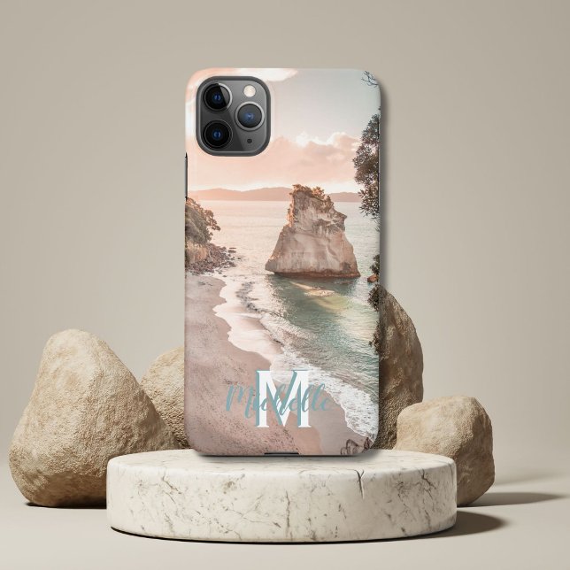 Modern Peach Sunset Beach Photo Monogram M Name iPhone Case (Creator Uploaded)