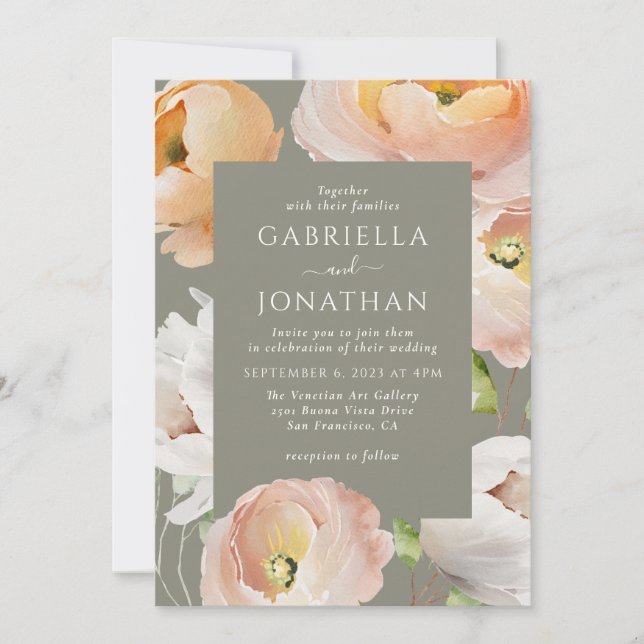 Modern Peach Watercolor Floral Wedding  Invitation (Front)