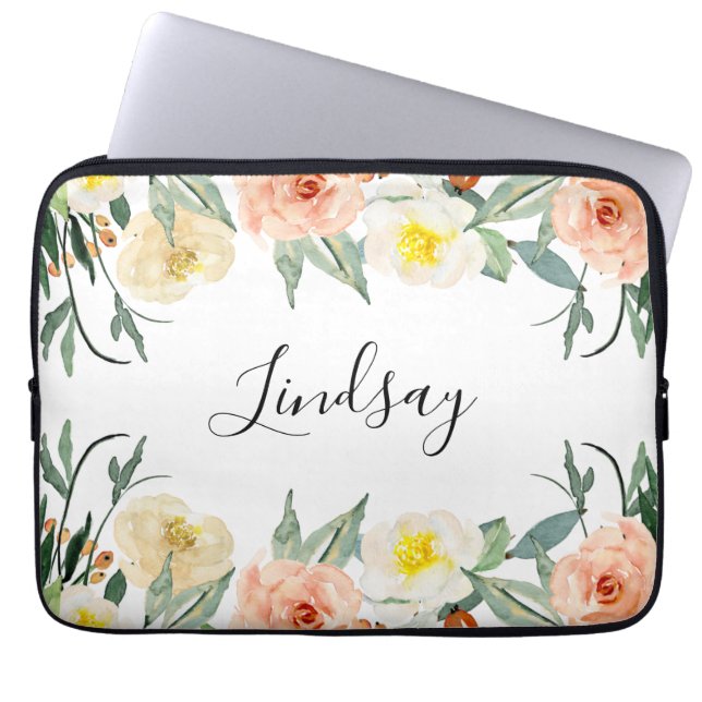 Modern Peach Watercolor Flowers Monogrammed Laptop Sleeve (Front)