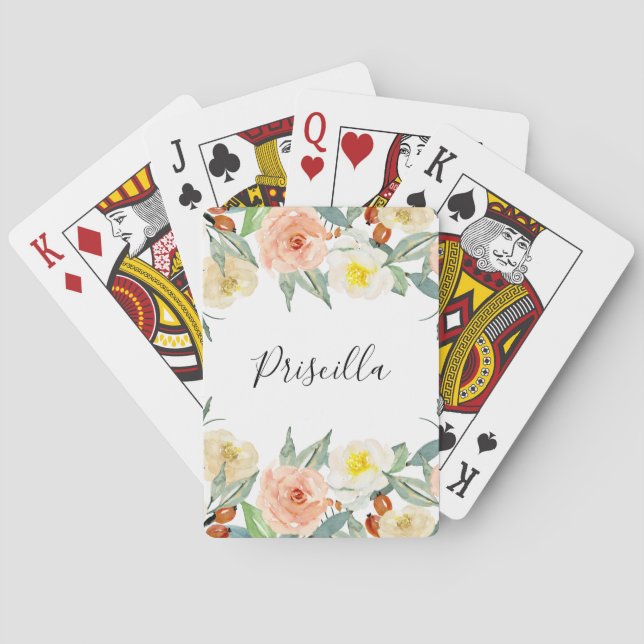 Modern Peach Watercolor Flowers With Name Playing Cards (Back)