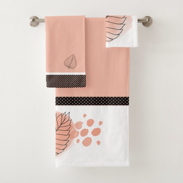 Modern Peach, White and Black Polka Dots and Leaf Bath Towel Set (Insitu)