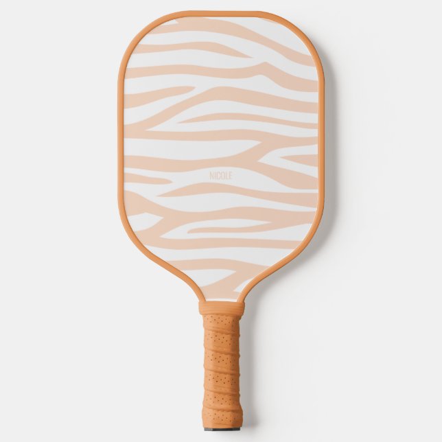 Modern Peachy Orange Zebra Print Personalized Pickleball Paddle (Front)