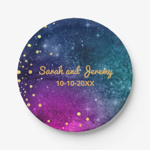 Modern Peacock Blue Gold Watercolor Wedding Paper Plate