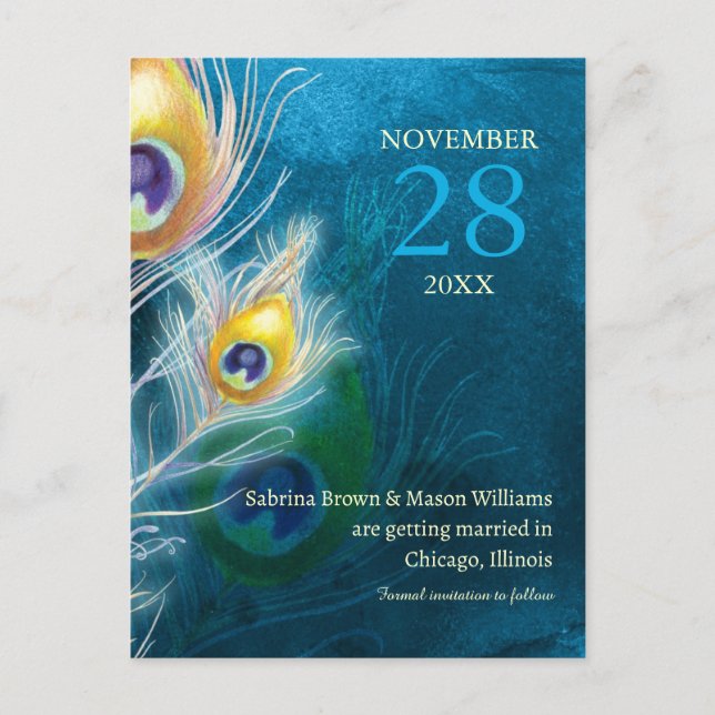 Modern Peacock Blue Wedding Save the Date Announcement Postcard (Front)