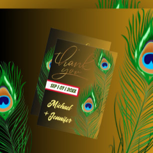 Modern Peacock Feather Golden Black Custom Wedding Thank You Card