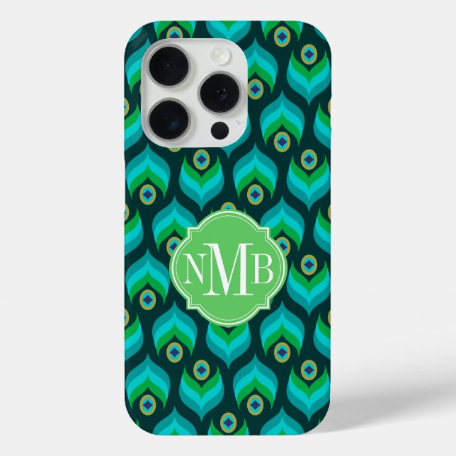 Modern Peacock Feather Pattern Monogram Case-Mate Case-Mate iPhone Case (Back)