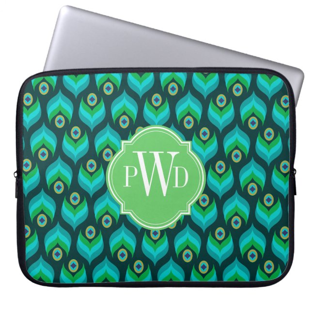 Modern Peacock Feather Pattern Monogram Laptop Sleeve (Front)