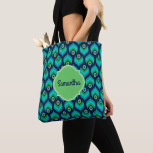 Modern Peacock Feather Pattern Name Tote Bag
